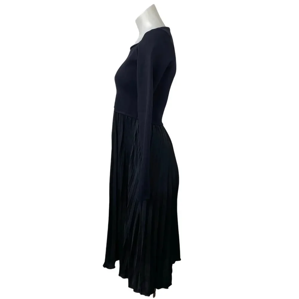 Witchery Women's Blue Black Pleated Square Neck Long Sleeve Midi A-Line Dress S